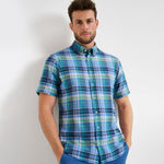 BRAX S/S SHIRT DAN C CHECK LINEN TEAL